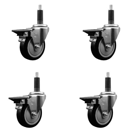 Service Caster 4'' Black Poly Swivel 1'' Expanding Stem Caster Set with Brake, 4PK SCC-EX20S414-PPUB-BLK-PLB-1-4